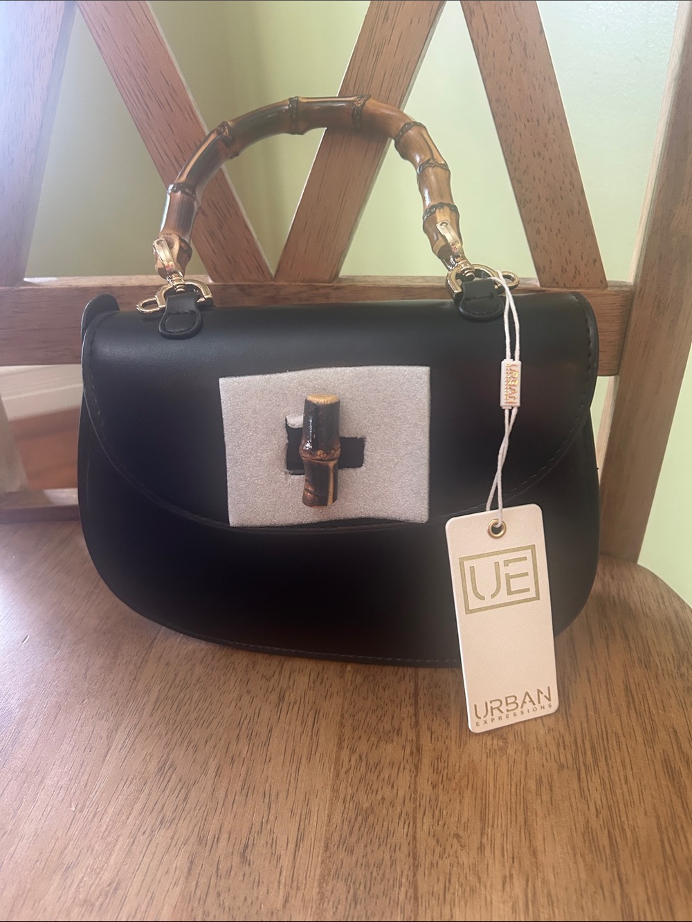 Urban Expressions Black Satchel with Bamboo Handle and Cream Accent